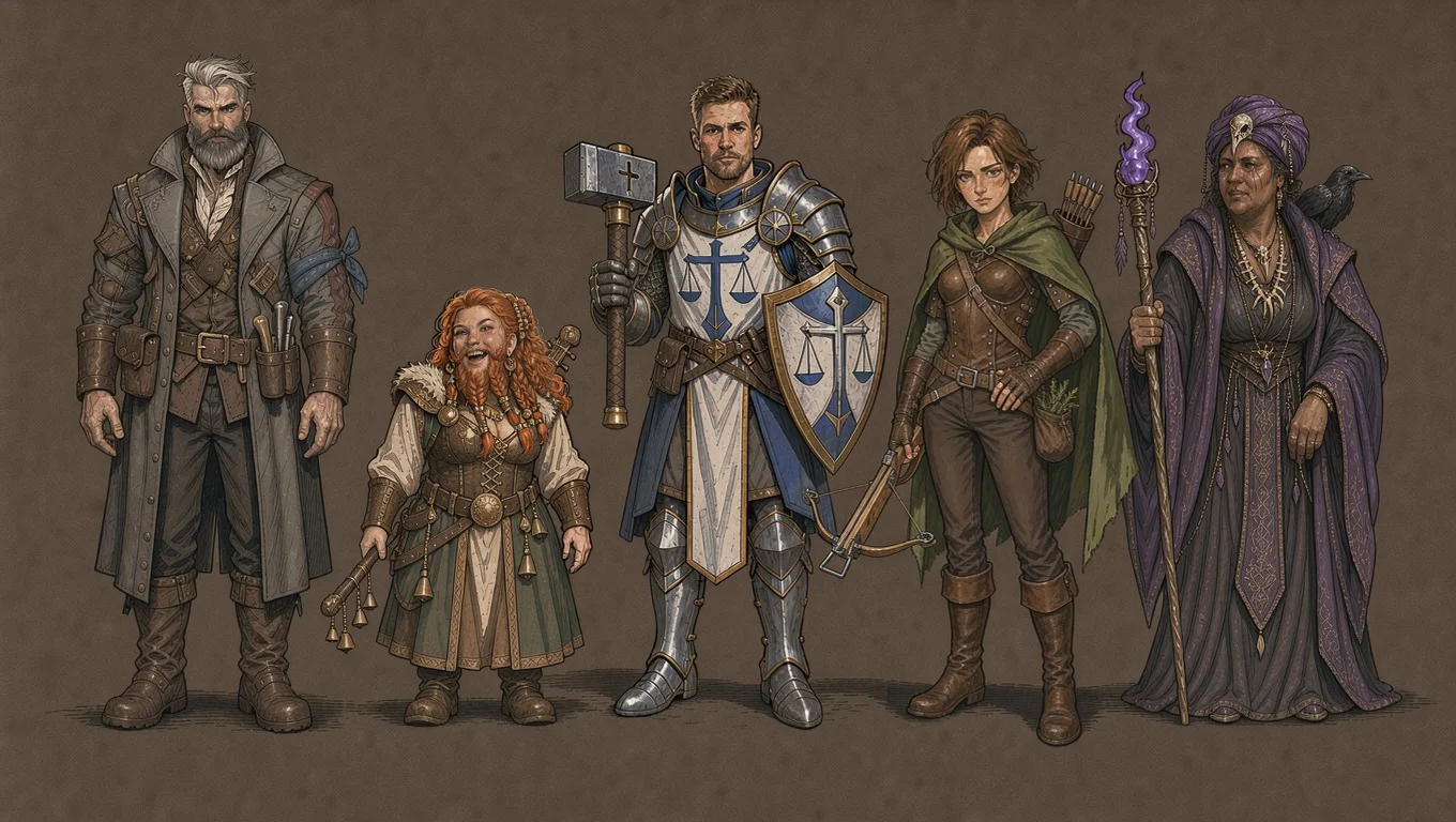 Das Gruppenbild: Edric, Thyra, Gregor, Lysa und Celestina, zum ersten Mal vom selben Zeichner Fünf Rollenspielfiguren nebeneinander vor braunem Hintergrund, alle in derselben Tuschezeichnung mit deckenden Farben: ein grauhaariger Schmied im Ledermantel, eine lachende Zwergin mit rotem Bart, ein Kleriker in Plattenrüstung mit Hammer und Schild, eine Waldläuferin im grünen Umhang und eine Wahrsagerin in Violett mit Rabe auf der Schulter