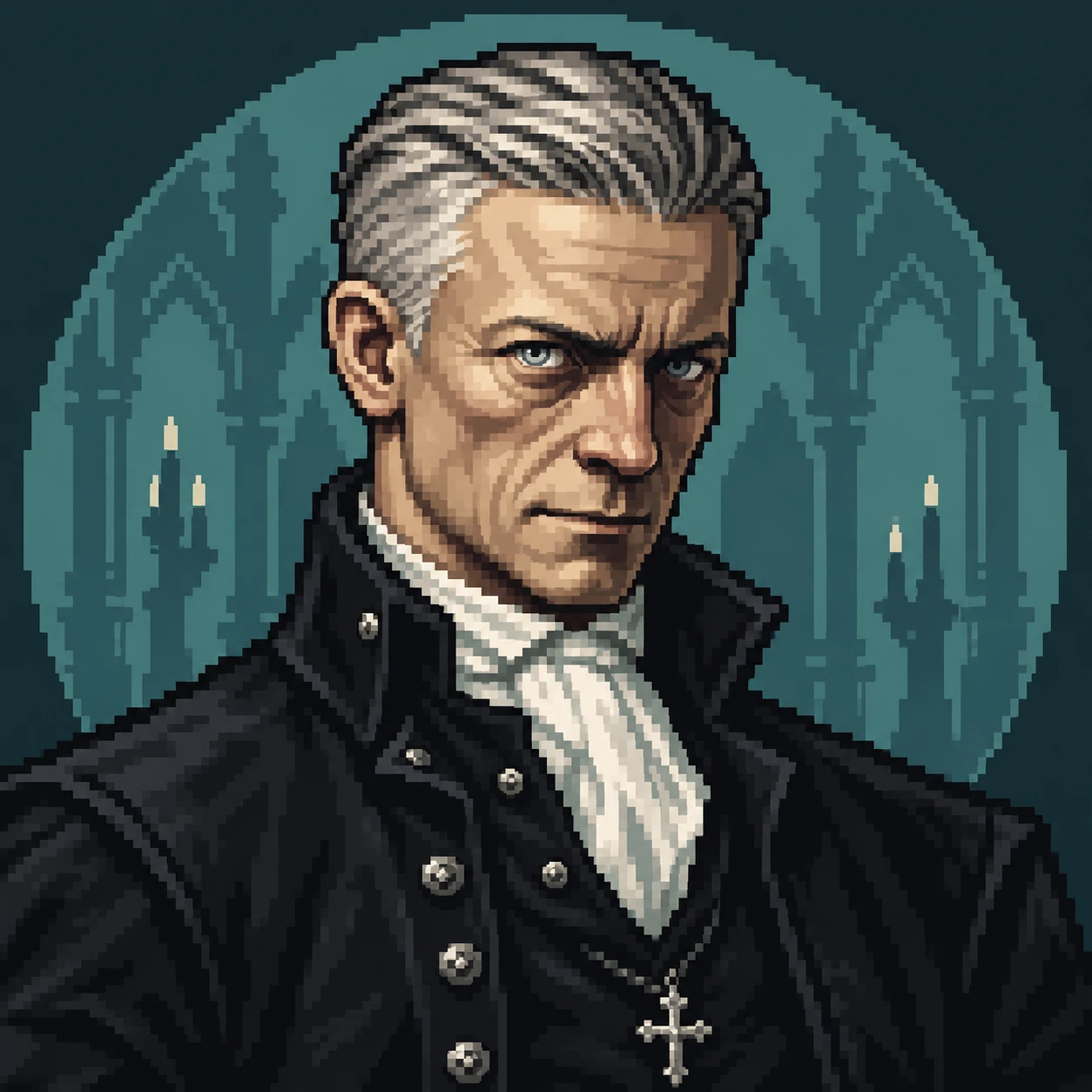 Balthasar, Hexenkommissar. Im Profil heißt er schlicht hexxen. Pixel-Art-Porträt eines hageren Mannes mit grauem, zurückgekämmtem Haar und hellen Augen, in hochgeschlossenem schwarzem Mantel mit weißem Halstuch und Kreuz an einer Kette; im Hintergrund gotische Bögen und Kerzen