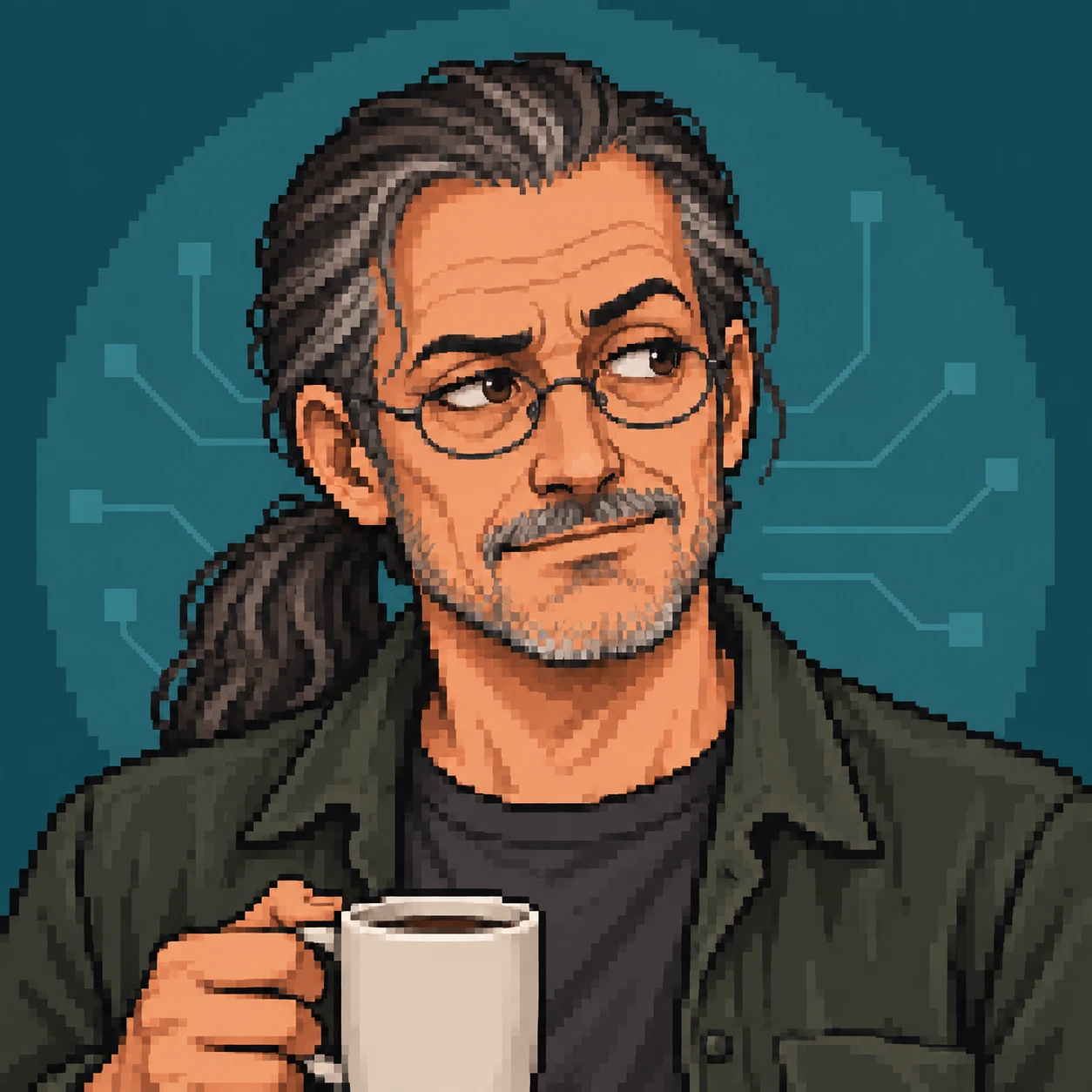 Dietrich, der faule Senior. Der Blick gilt vermutlich meinem Code. Pixel-Art-Porträt eines Mannes mit langem grauem Pferdeschwanz, ovaler Nickelbrille und Dreitagebart, in dunkelgrünem Hemd über schwarzem T-Shirt; er hält einen Kaffeebecher und schaut skeptisch zur Seite, im Hintergrund Leiterbahnen
