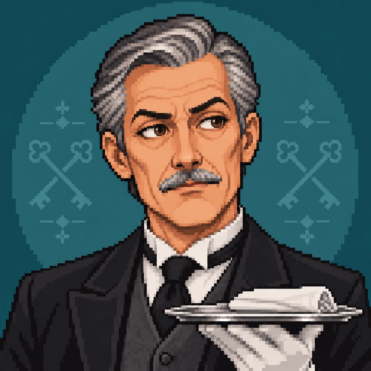 Hermann, Haushofmeister. Die hochgezogene Braue ist im Preis enthalten. Pixel-Art-Porträt eines älteren Herrn mit grauem, zurückgekämmtem Haar und Schnurrbart, in schwarzem Frack mit weißem Hemd; er trägt mit weißem Handschuh ein Silbertablett mit gefalteter Serviette, im Hintergrund gekreuzte Schlüssel