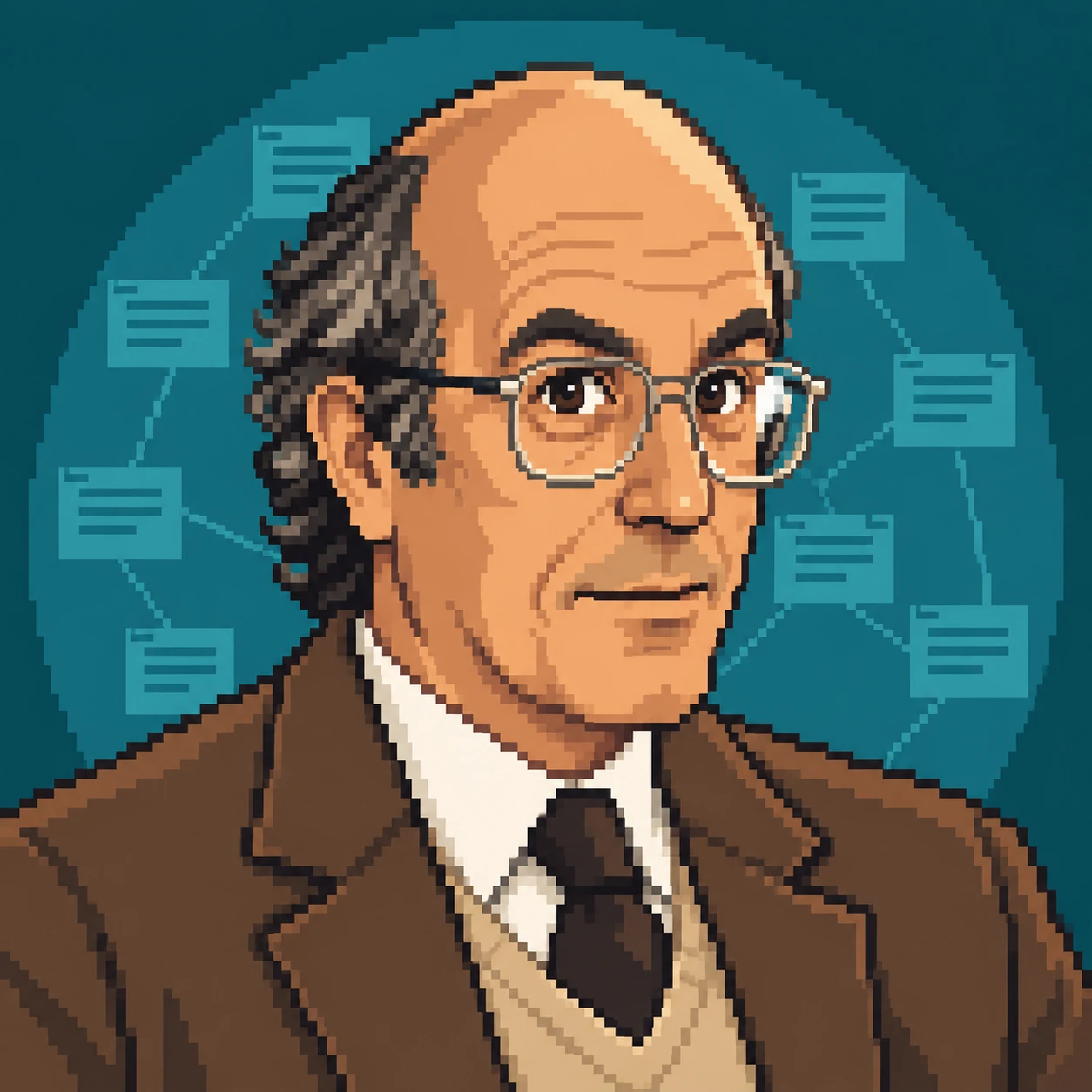 Niklas, Bibliothekar. Hinter ihm das, worum es ihm geht: Karten mit Linien dazwischen. Pixel-Art-Porträt eines Mannes mit hoher Stirn, dunklem Haarkranz und Metallbrille, in braunem Sakko mit beigem Pullunder und Krawatte; im Hintergrund Karteikarten, die mit dünnen Linien zu einem Netz verbunden sind