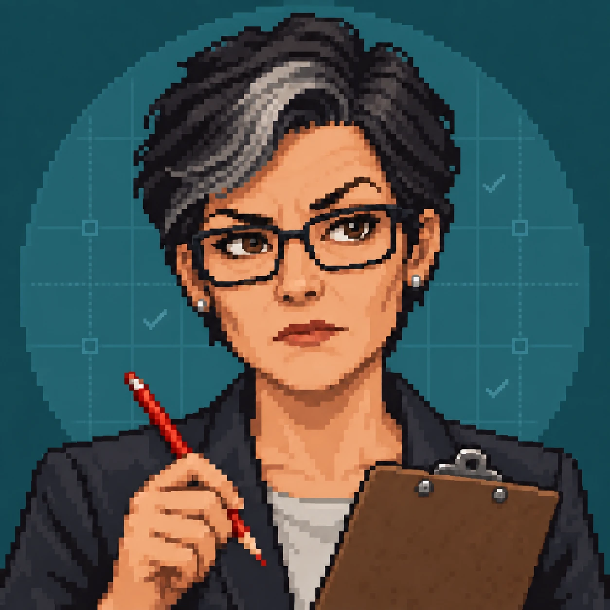 Sabine, Qualitätssicherung. Der Stift ist rot, und das ist Absicht. Pixel-Art-Porträt einer Frau mit kurzem schwarzem Haar und grauer Strähne, schwarzer eckiger Brille und strengem Blick, in dunklem Blazer; sie hält einen roten Stift und ein Klemmbrett, im Hintergrund ein Raster mit Häkchen