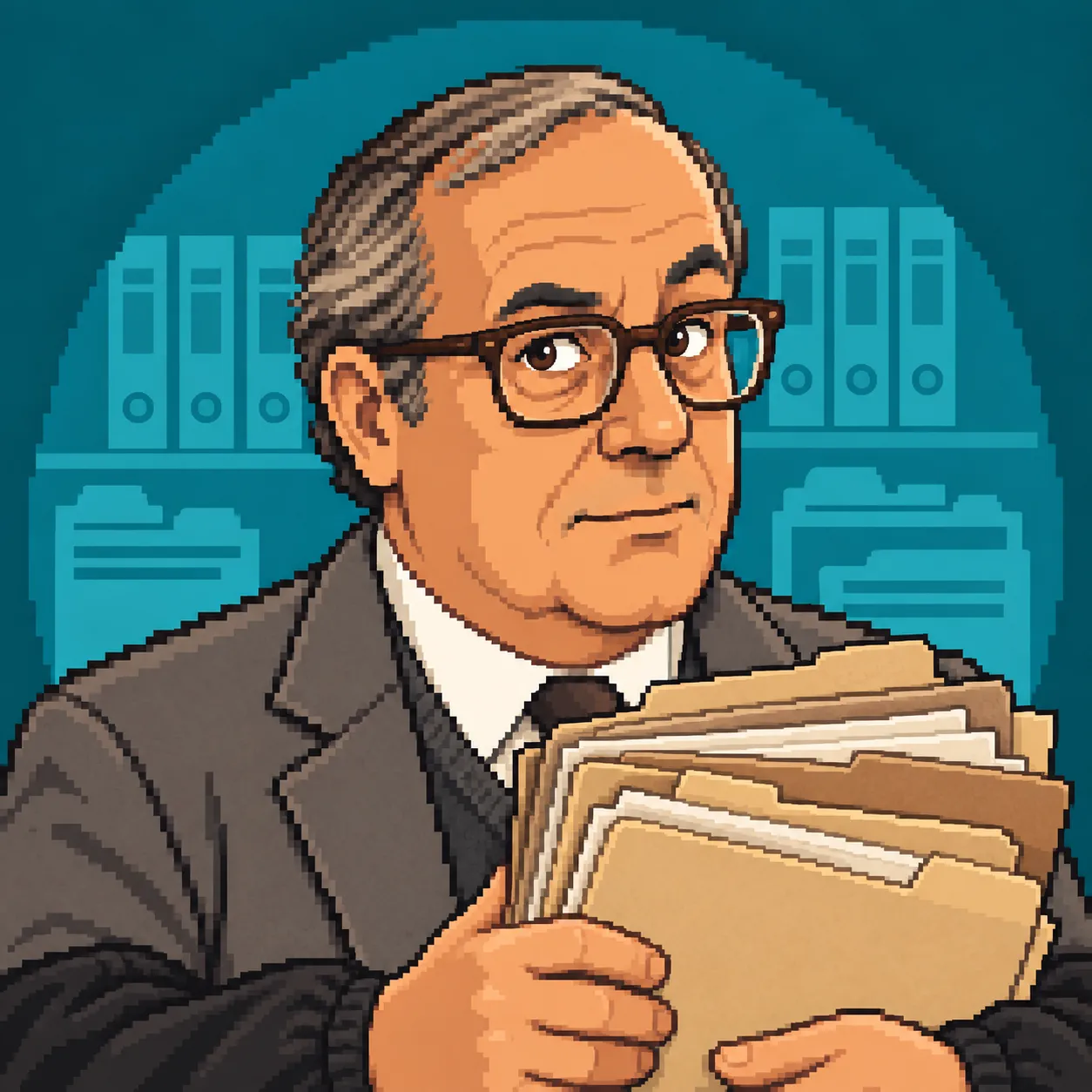 Wilfried, Technischer Regierungsoberamtsrat. Ohne Akte kommt er nicht ins Bild. Pixel-Art-Porträt eines rundlichen Beamten Ende fünfzig mit schütterem, zur Seite gekämmtem Haar und dunkler Hornbrille, grauer Anzug mit Strickweste und Krawatte; er hält einen Stapel Aktendeckel vor der Brust, im Hintergrund Ordner und Hängeregister