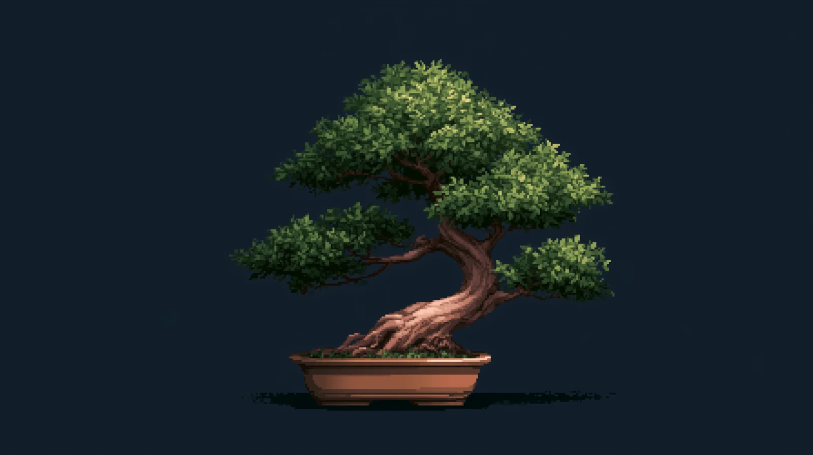 Pixelart-Bonsai in brauner Schale vor dunkelblauem Hintergrund — eines der neuen Wallpaper