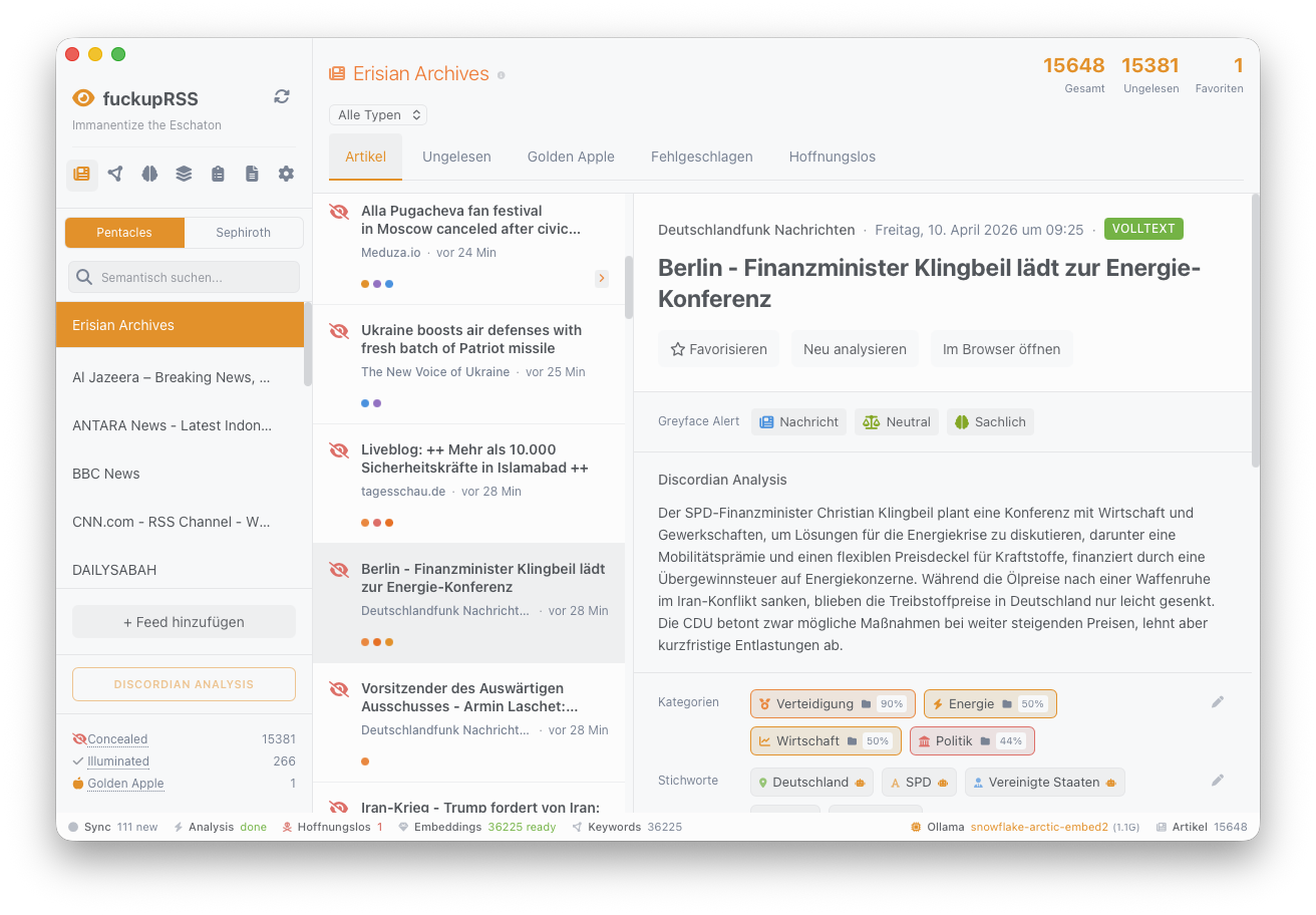 fuckupRSS — Artikel-Detailansicht mit Discordian Analysis, Bias-Erkennung, Kategorien und Schlagworten
