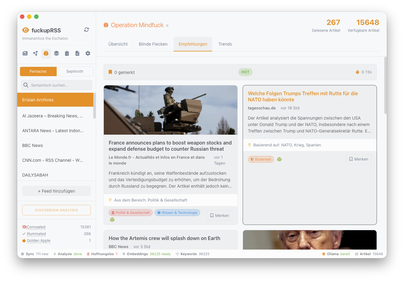 Empfehlungen: Personalisierte Artikel-Karten mit Quellen, Kategorien und Relevanz-Score