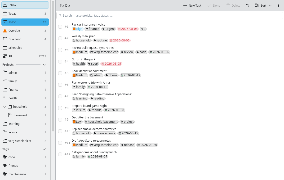 Hauptfenster mit Sidebar, Task-Liste und Toolbar Vergissmeinnicht KDE — Hauptfenster mit Sidebar-Perspektiven, Task-Liste und Toolbar
