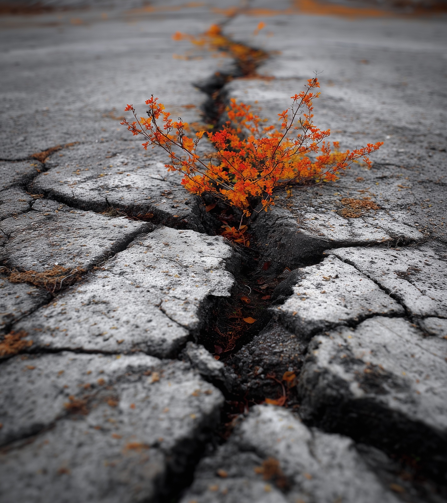 Aufgebrochener Asphalt mit orangefarbener Vegetation, die durch die Risse wächst